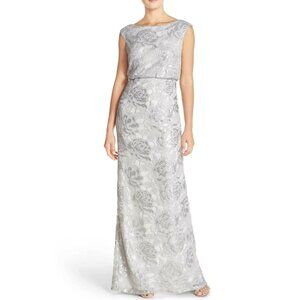 $300 ADRIANNA PAPELL Embellished Tulle Blouson Gown WEDDING PROM WHITE SILVER